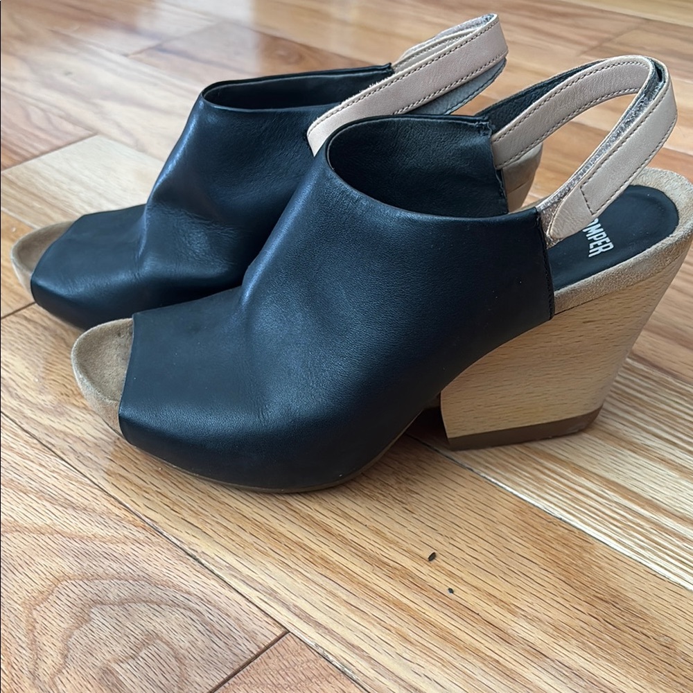 Camper Black Leather Women's Slingback Wedge Heels
